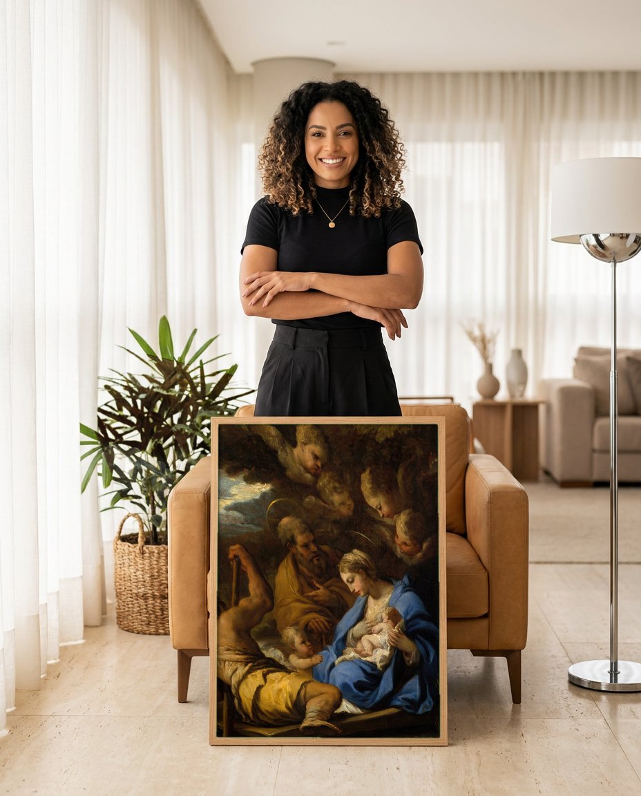 Quadro Decorativo A Fuga para o Egito - Luca Giordano com modelo em ambiente