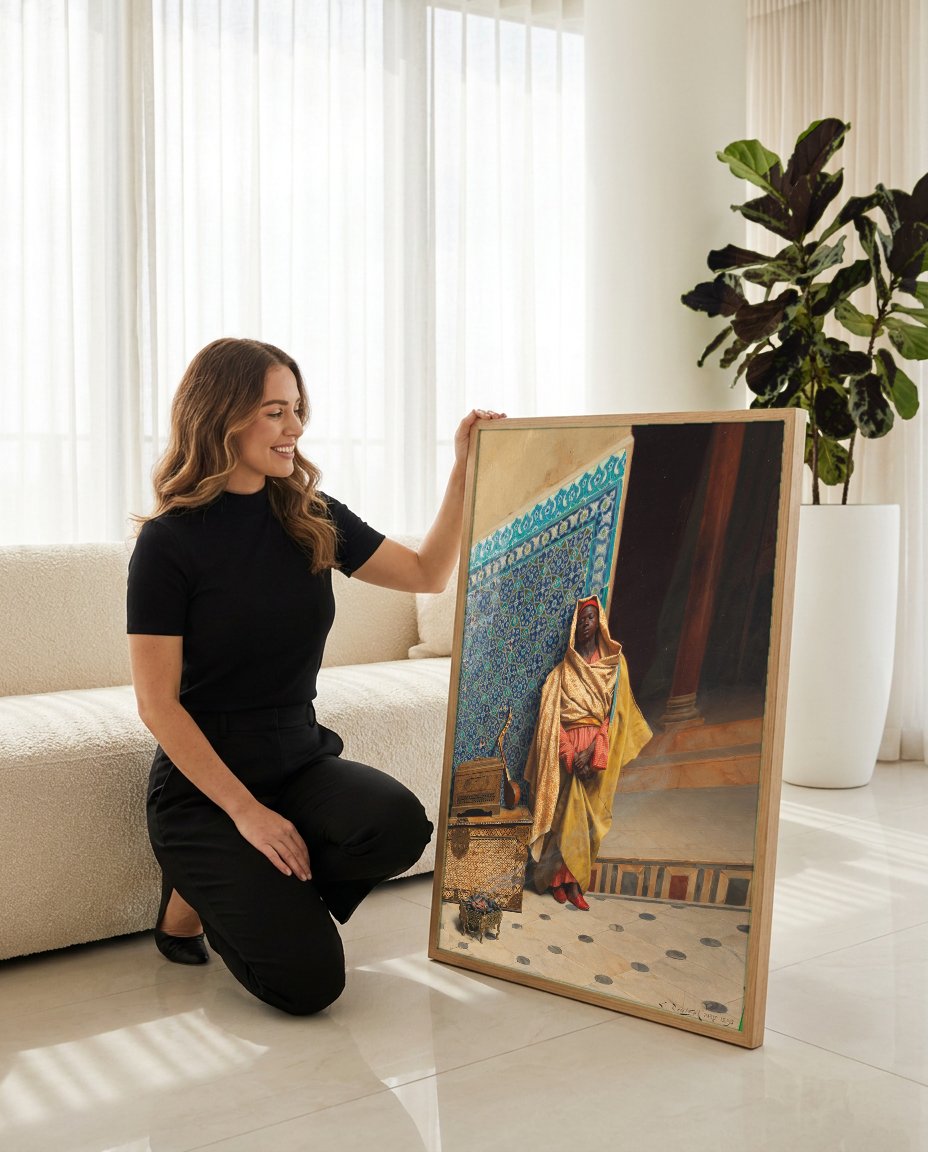 Quadro Decorativo O Guardião do Harém - Ludwig Deutsch com modelo em ambiente