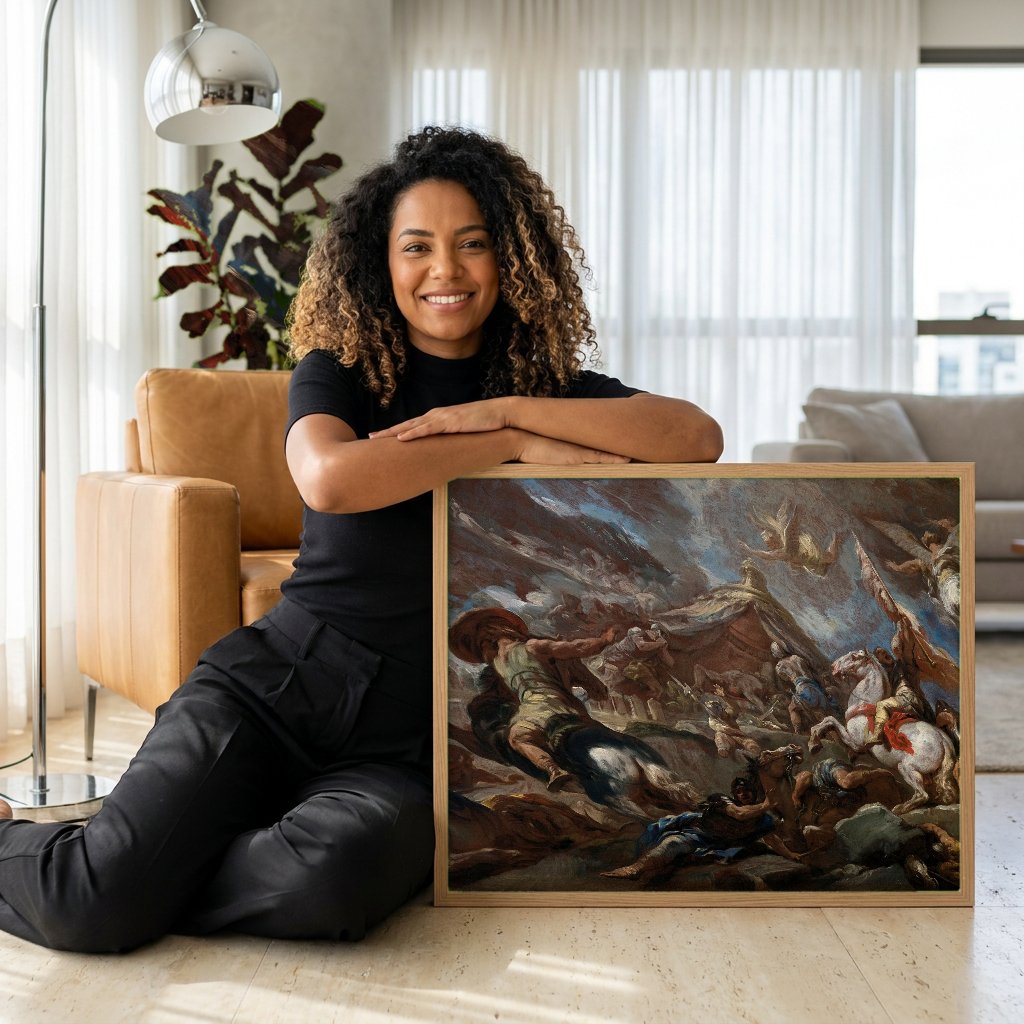 Quadro Decorativo Batalha Monumental - Luca Giordano com modelo em ambiente