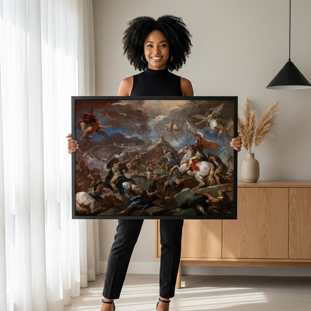 Quadro Decorativo Batalha Monumental - Luca Giordano com modelo em ambiente