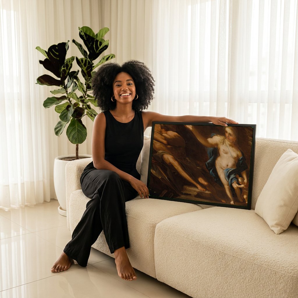 Quadro Decorativo A Forja de Vulcano - Luca Giordano com modelo em ambiente
