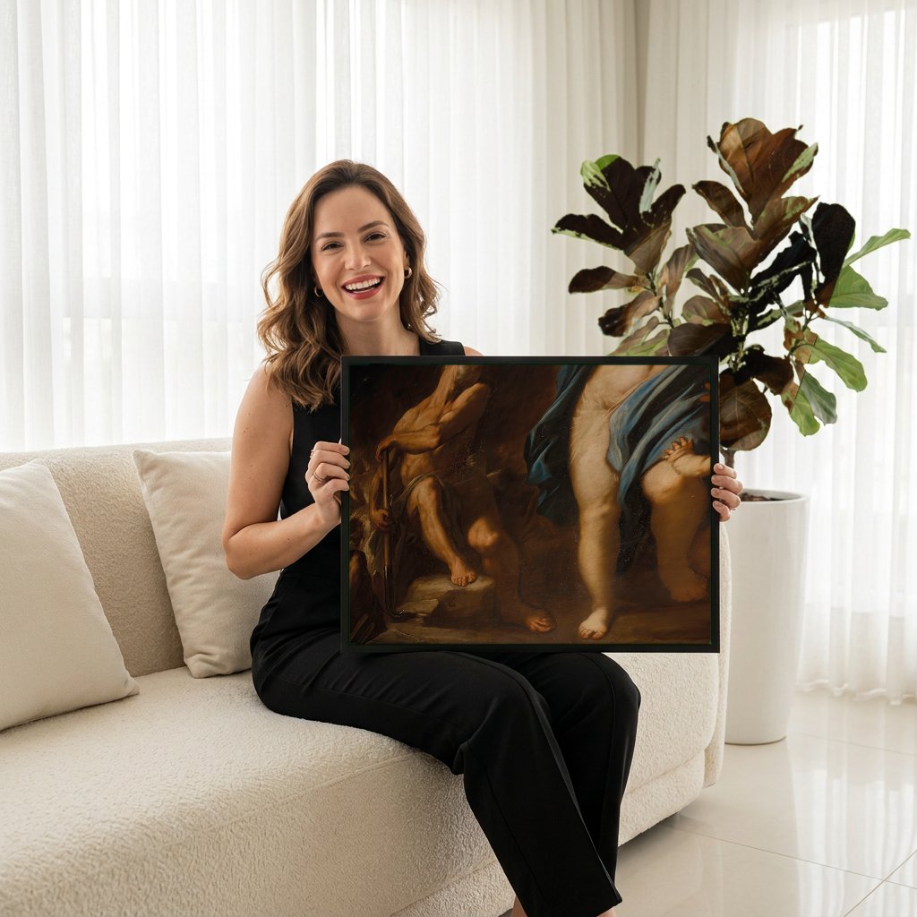 Quadro Decorativo A Forja de Vulcano - Luca Giordano com modelo em ambiente