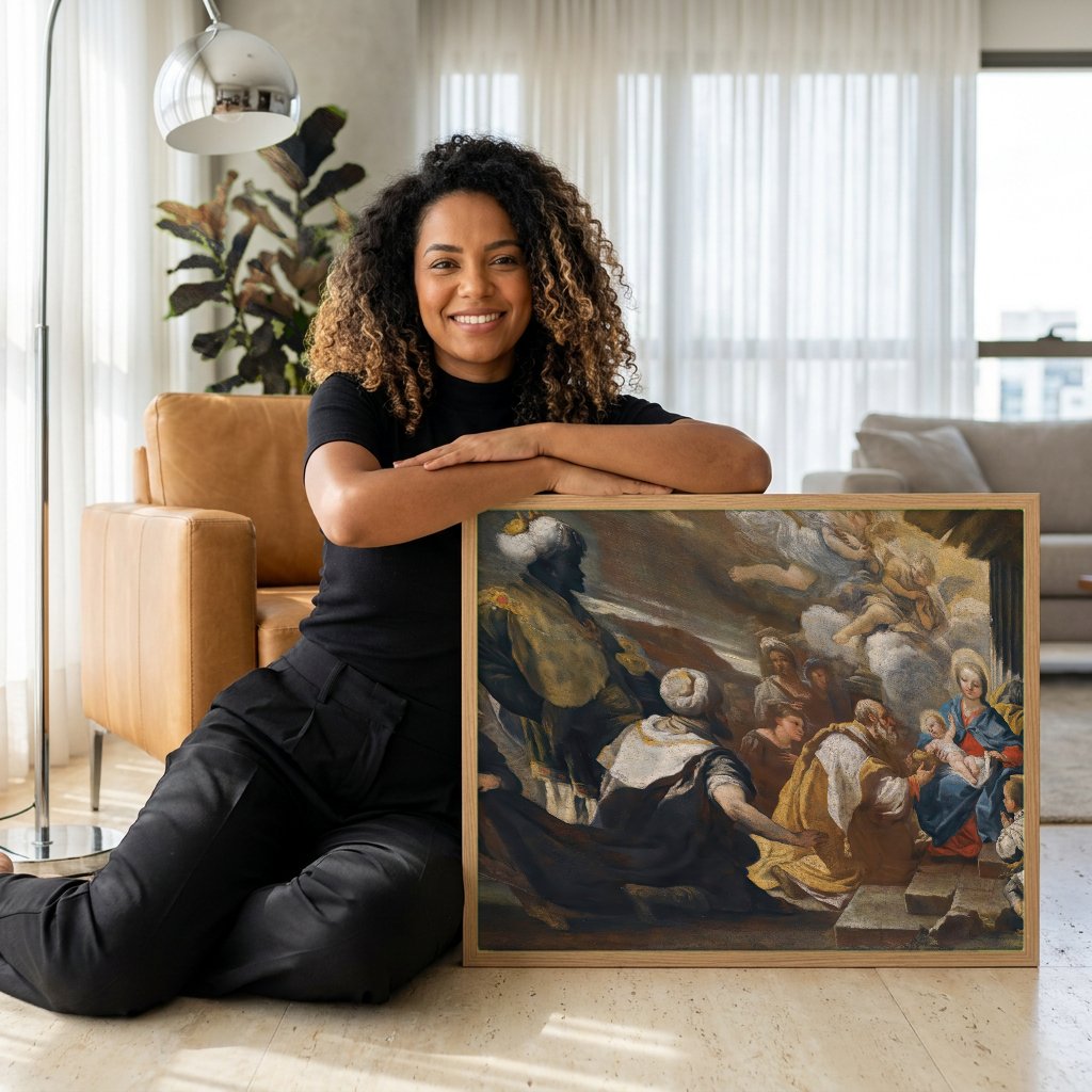 Quadro Decorativo Adoração dos Magos - Luca Giordano com modelo em ambiente