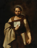 Quadro decorativo com a imagem de São Tomás, figura religiosa com barba, segurando uma carta e um livro, em estilo barroco, com iluminação dramática.
