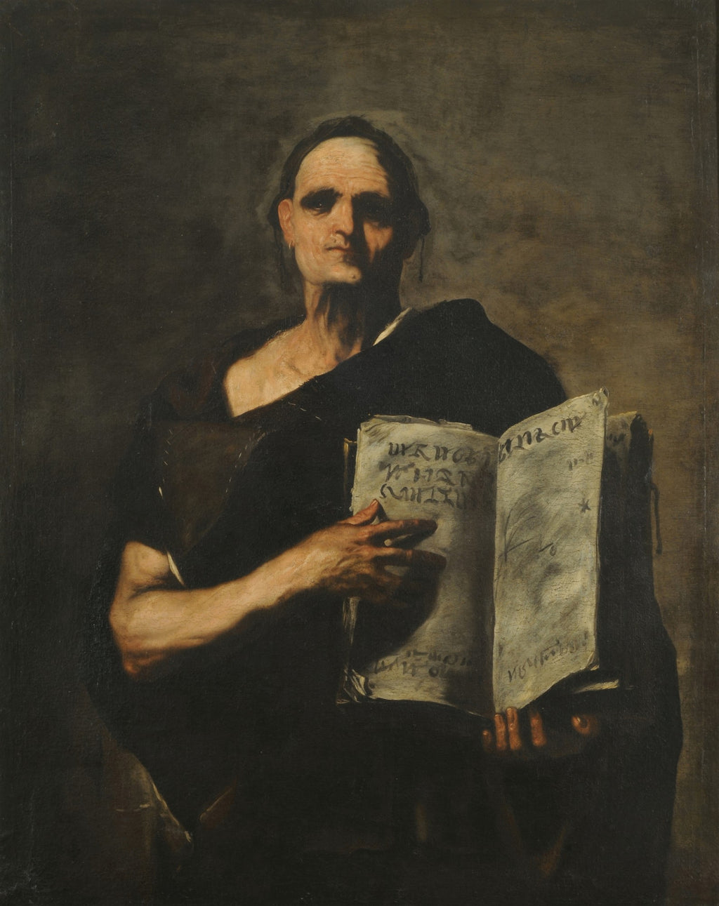 Pintura a óleo de Luca Giordano retratando um homem idoso com um lenço na cabeça, envolto em um manto escuro, segurando um livro aberto com ambas as mãos, em um fundo escuro. A luz incide dramaticamente sobre seu rosto, peito e as páginas do livro, criando um forte contraste de claro e escuro. Seu olhar é direto e intenso.