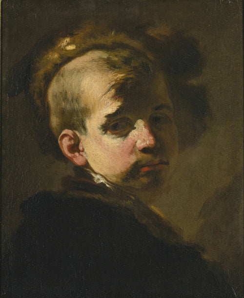 Autorretrato de Luca Giordano, um homem com cabeça raspada e barba rala, olhando diretamente para o observador, com metade do rosto iluminada e a outra em sombra, vestindo roupas escuras sobre um fundo igualmente escuro. A obra é um óleo sobre tela barroco.