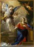 Quadro decorativo da Anunciação de Luca Giordano, cena bíblica com anjo Gabriel e Virgem Maria, em estilo barroco com cores vibrantes e detalhes dourados.