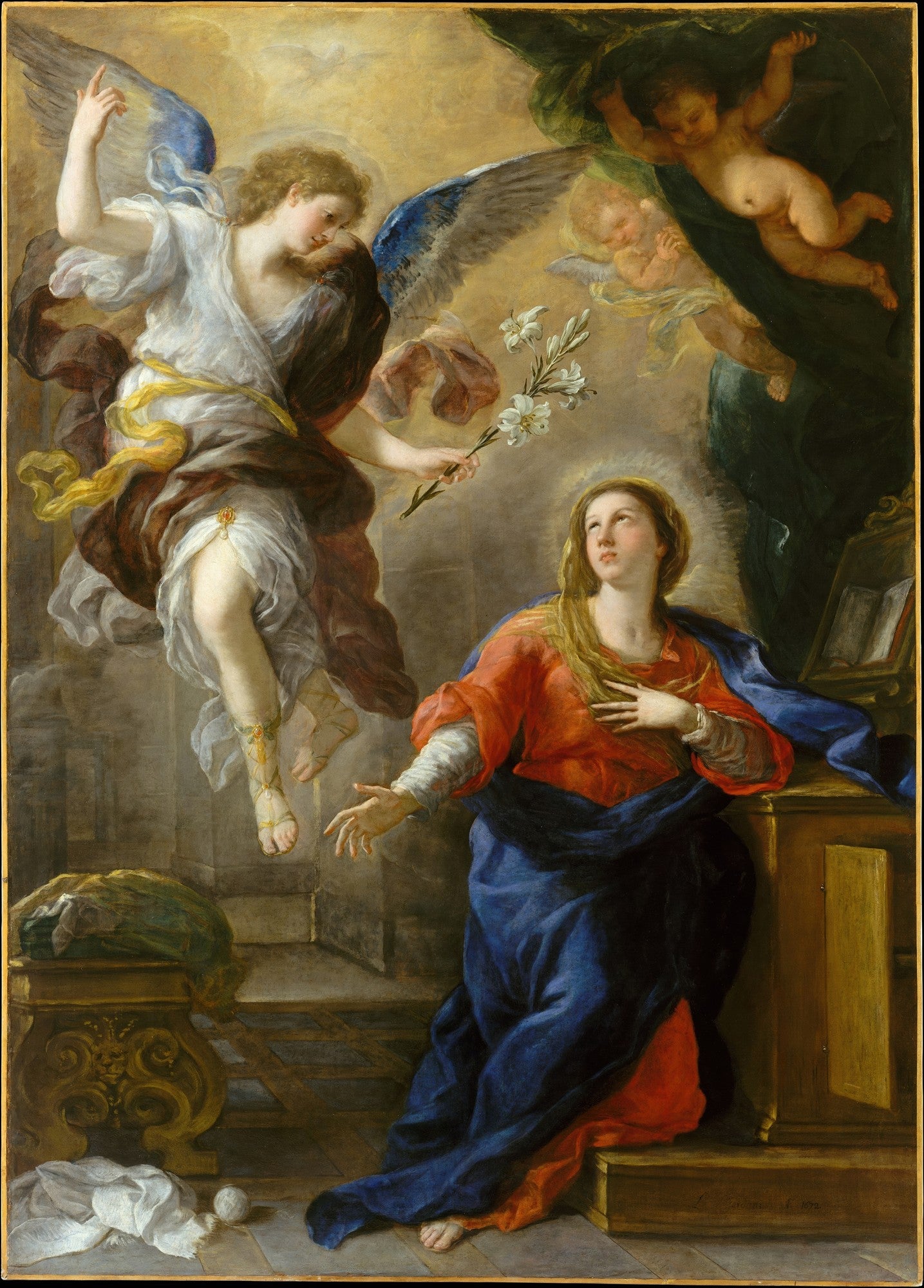Quadro decorativo da Anunciação de Luca Giordano, cena bíblica com anjo Gabriel e Virgem Maria, em estilo barroco com cores vibrantes e detalhes dourados.