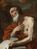 Quadro decorativo que retrata São Jerônimo, um homem idoso com barba branca e torso nu, envolto em um manto vermelho, segurando escritos, em um cenário de deserto, sob luz dramática. Obra de Luca Giordano.