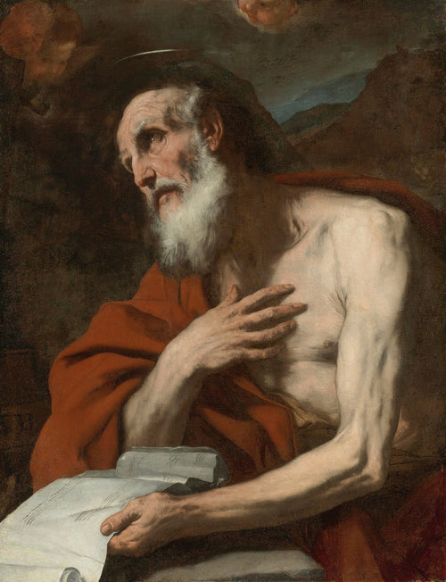 Quadro decorativo que retrata São Jerônimo, um homem idoso com barba branca e torso nu, envolto em um manto vermelho, segurando escritos, em um cenário de deserto, sob luz dramática. Obra de Luca Giordano.