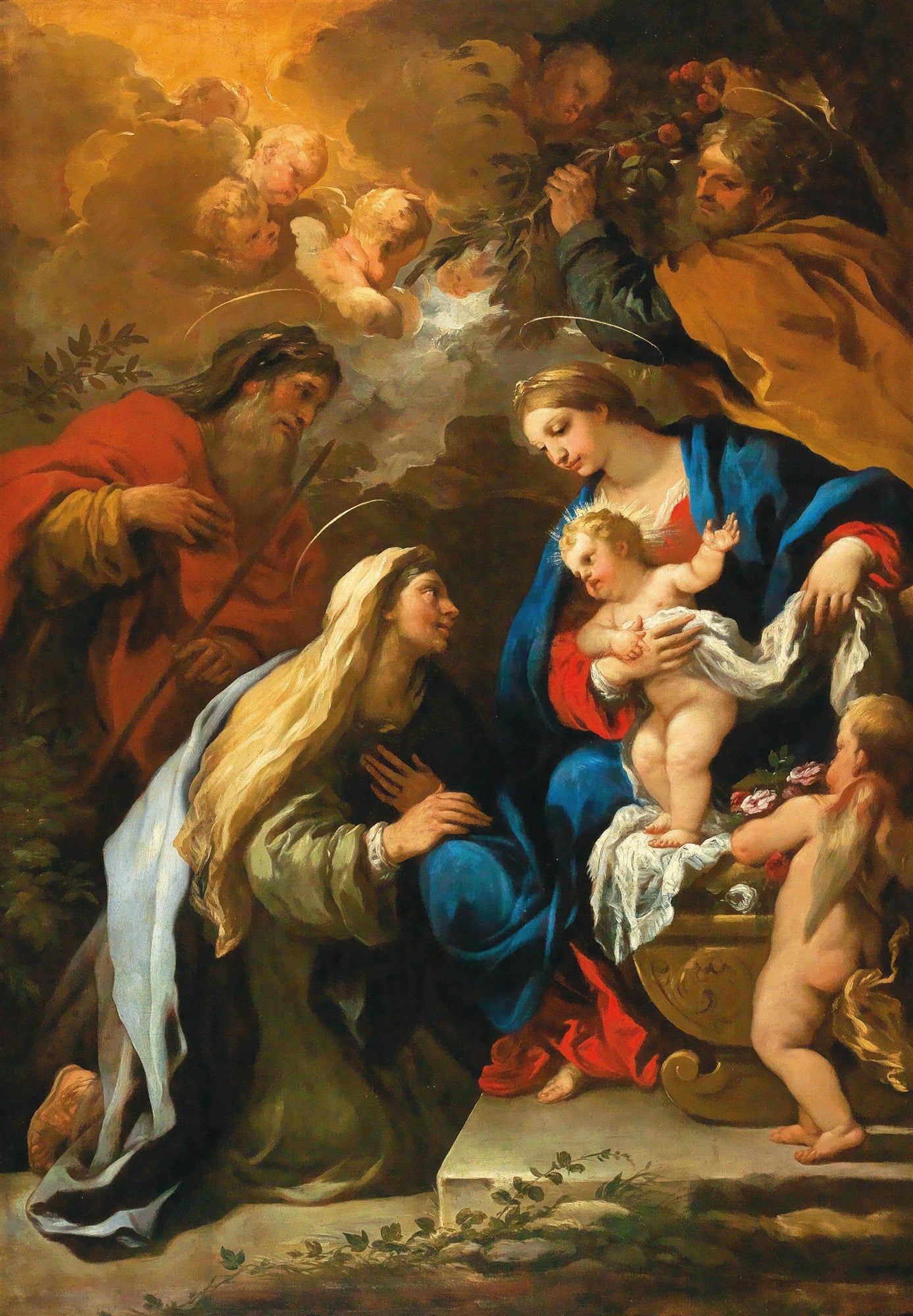 Uma pintura barroca de Luca Giordano, intitulada 'A Sagrada Família', mostrando a Virgem Maria com o Menino Jesus, Santa Isabel e São João Batista, com anjos e figuras celestiais ao fundo.
