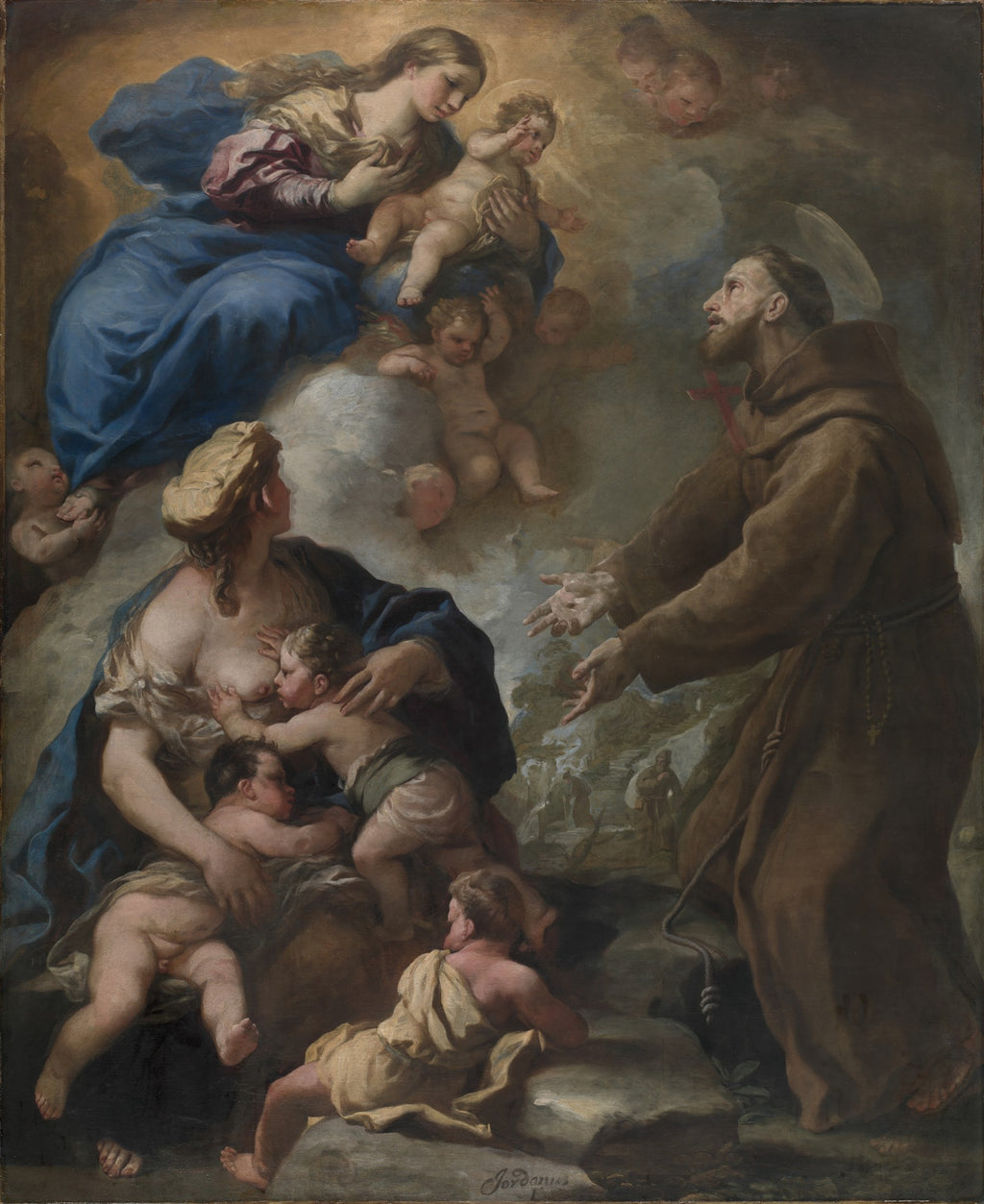 Quadro decorativo barroco de Luca Giordano, A Virgem e São Francisco. A Virgem Maria segura o Menino Jesus no alto, cercada por anjos, enquanto São Francisco de Assis, ajoelhado, suplica, e outras figuras e crianças estão na parte inferior da composição.