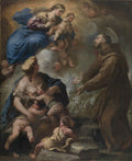 Quadro decorativo barroco de Luca Giordano, A Virgem e São Francisco. A Virgem Maria segura o Menino Jesus no alto, cercada por anjos, enquanto São Francisco de Assis, ajoelhado, suplica, e outras figuras e crianças estão na parte inferior da composição.