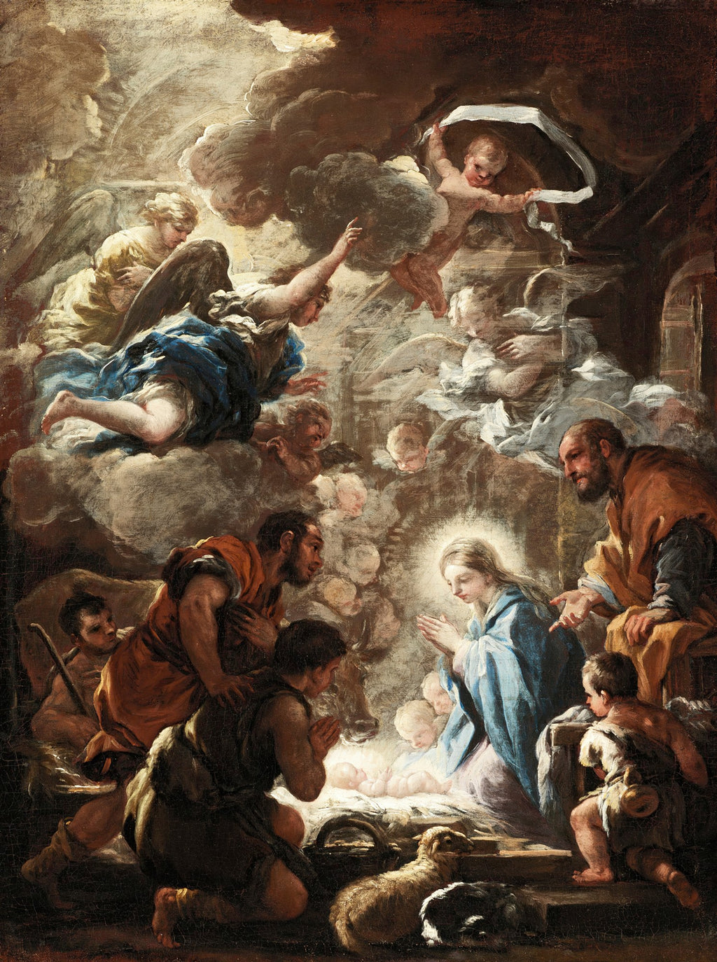 Quadro 'A Adoração dos Pastores' de Luca Giordano, cena barroca com Virgem Maria, Jesus, pastores e anjos celestiais