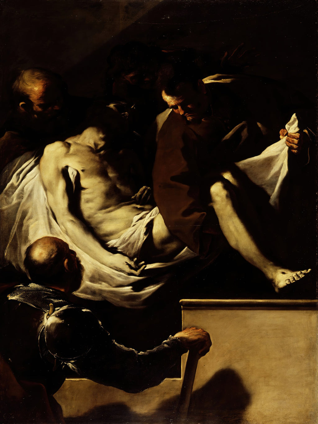 Pintura barroca escura de Luca Giordano, Deposição de Cristo, mostrando figuras masculinas carregando um corpo pálido e sem vida de Jesus com luz dramática.