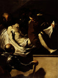 Pintura barroca escura de Luca Giordano, Deposição de Cristo, mostrando figuras masculinas carregando um corpo pálido e sem vida de Jesus com luz dramática.