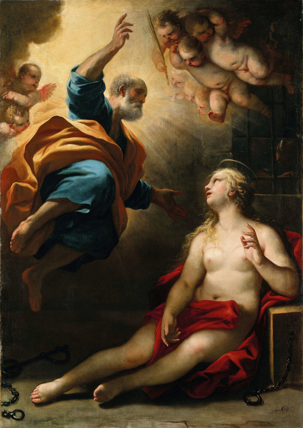 Pintura barroca de Luca Giordano, A Libertação de São Pedro, mostrando um homem barbudo flutuando em luz e uma mulher acorrentada olhando para ele, com anjos no céu.