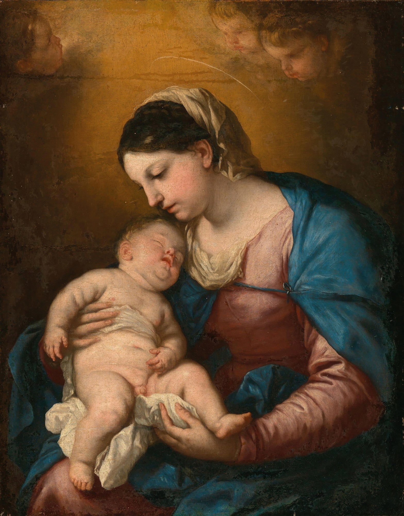 Madona e o Menino, pintura de Luca Giordano, retratando a Virgem Maria em azul e rosa, segurando o Menino Jesus adormecido em seus braços, com anjos querubins no topo