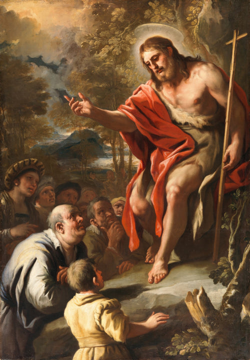 Pintura a óleo atribuída a Luca Giordano, representando São João Batista pregando para uma multidão, com halo de santidade e vestes vermelhas e pele de camelo, em uma paisagem rochosa e arbórea.