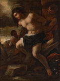 Pintura barroca de Luca Giordano, 'Martírio de São Sebastião', mostrando o santo amarrado a um tronco, com dois algozes ao redor, em cores escuras e dramáticas.