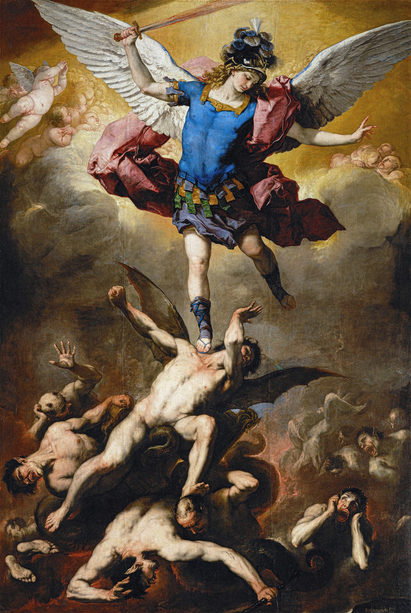 Arcanjo Miguel alado com espada, vestindo armadura azul e capa vermelha, pisando sobre anjos caídos nus e demônios em meio a nuvens escuras e fumaça, com querubins ao fundo. Obra de Luca Giordano, São Miguel Derrota os Anjos Rebeldes.