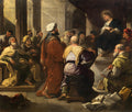 Quadro decorativo mostrando Jesus Cristo ainda jovem, sentado em um trono ou pódio elevado, discutindo com um grupo de doutores e anciãos. A cena é iluminada por uma luz dourada, destacando as figuras e a expressividade dos personagens, em um ambiente com colunas e arquitetura clássica. Obra atribuída a Luca Giordano.