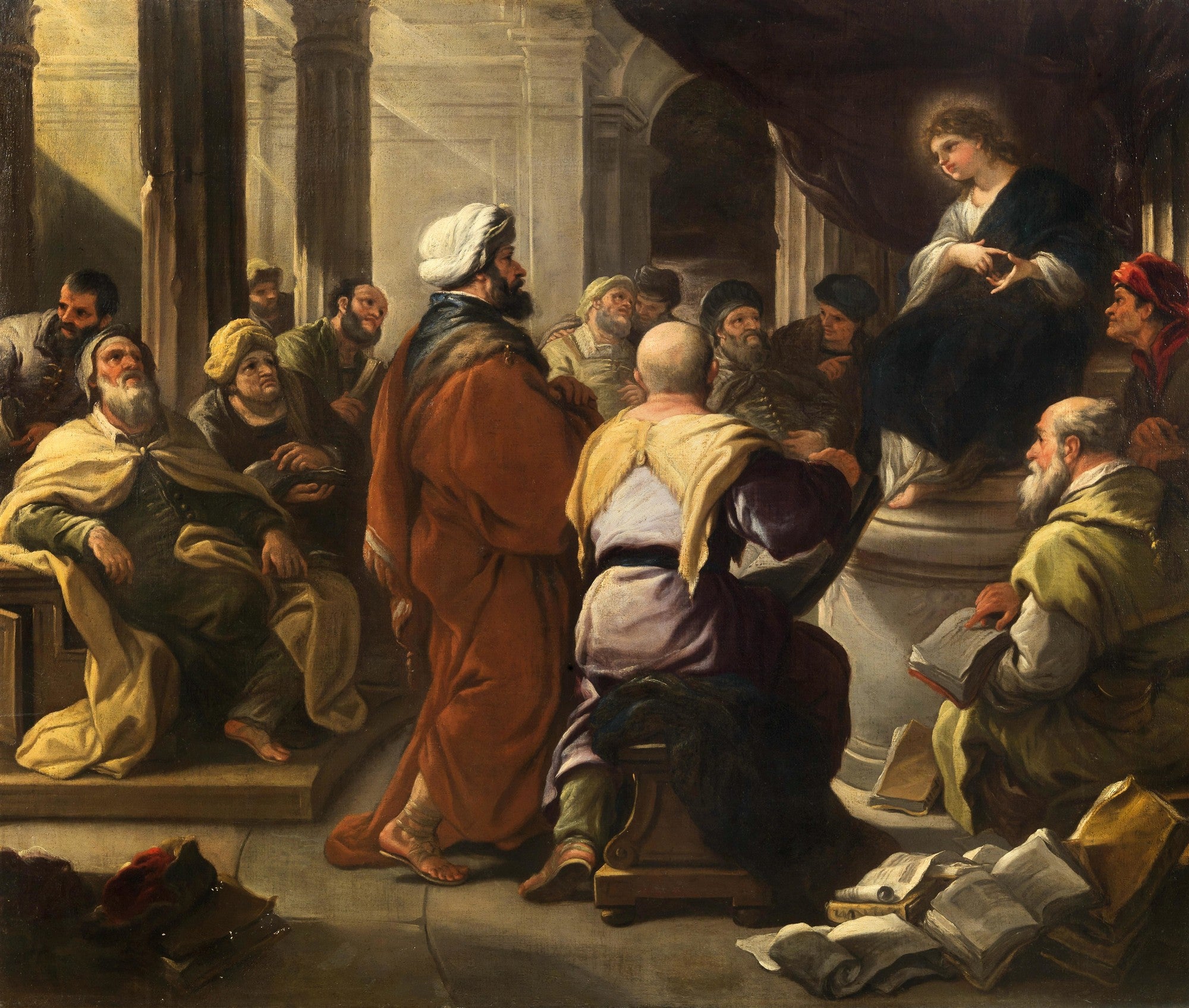 Quadro decorativo mostrando Jesus Cristo ainda jovem, sentado em um trono ou pódio elevado, discutindo com um grupo de doutores e anciãos. A cena é iluminada por uma luz dourada, destacando as figuras e a expressividade dos personagens, em um ambiente com colunas e arquitetura clássica. Obra atribuída a Luca Giordano.