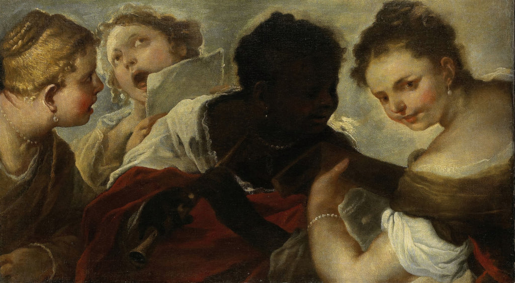 Quadro com quatro figuras femininas em um momento musical, com uma delas cantando e outra tocando um instrumento, em tons quentes e terrosos, com destaque para o contraste de peles e a riqueza dos tecidos. Obra de Luca Giordano.