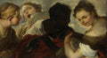 Quadro com quatro figuras femininas em um momento musical, com uma delas cantando e outra tocando um instrumento, em tons quentes e terrosos, com destaque para o contraste de peles e a riqueza dos tecidos. Obra de Luca Giordano.