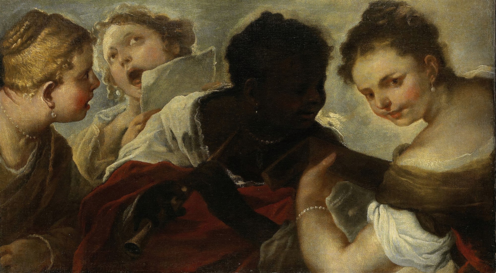 Quadro com quatro figuras femininas em um momento musical, com uma delas cantando e outra tocando um instrumento, em tons quentes e terrosos, com destaque para o contraste de peles e a riqueza dos tecidos. Obra de Luca Giordano.