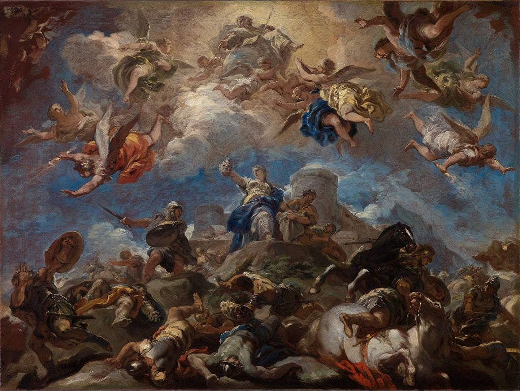 Uma pintura barroca dramática de Luca Giordano, "A Queda dos Anjos Rebeldes", retratando anjos e figuras celestiais acima de uma batalha terrena caótica, com tons ricos de azul, laranja e marrom.