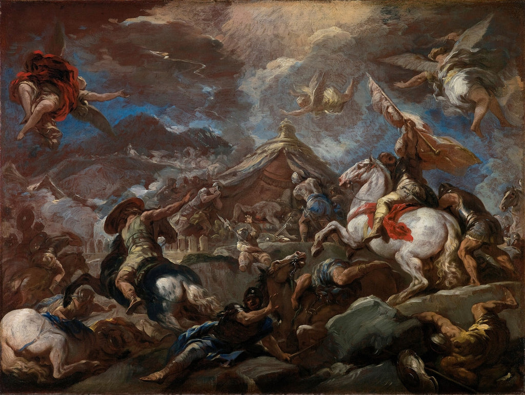 Pintura barroca de Luca Giordano representando uma cena de batalha grandiosa, com anjos voando acima de guerreiros a cavalo em meio ao conflito