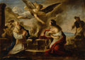 Quadro decorativo com a pintura 'A Anunciação a Manué e sua Esposa' de Luca Giordano. A cena mostra um anjo alado surgindo de nuvens e fumaça, apontando para uma mulher ajoelhada em êxtase, enquanto um homem idoso e outros personagens observam com reverência. Cores terrosas e dramáticas.