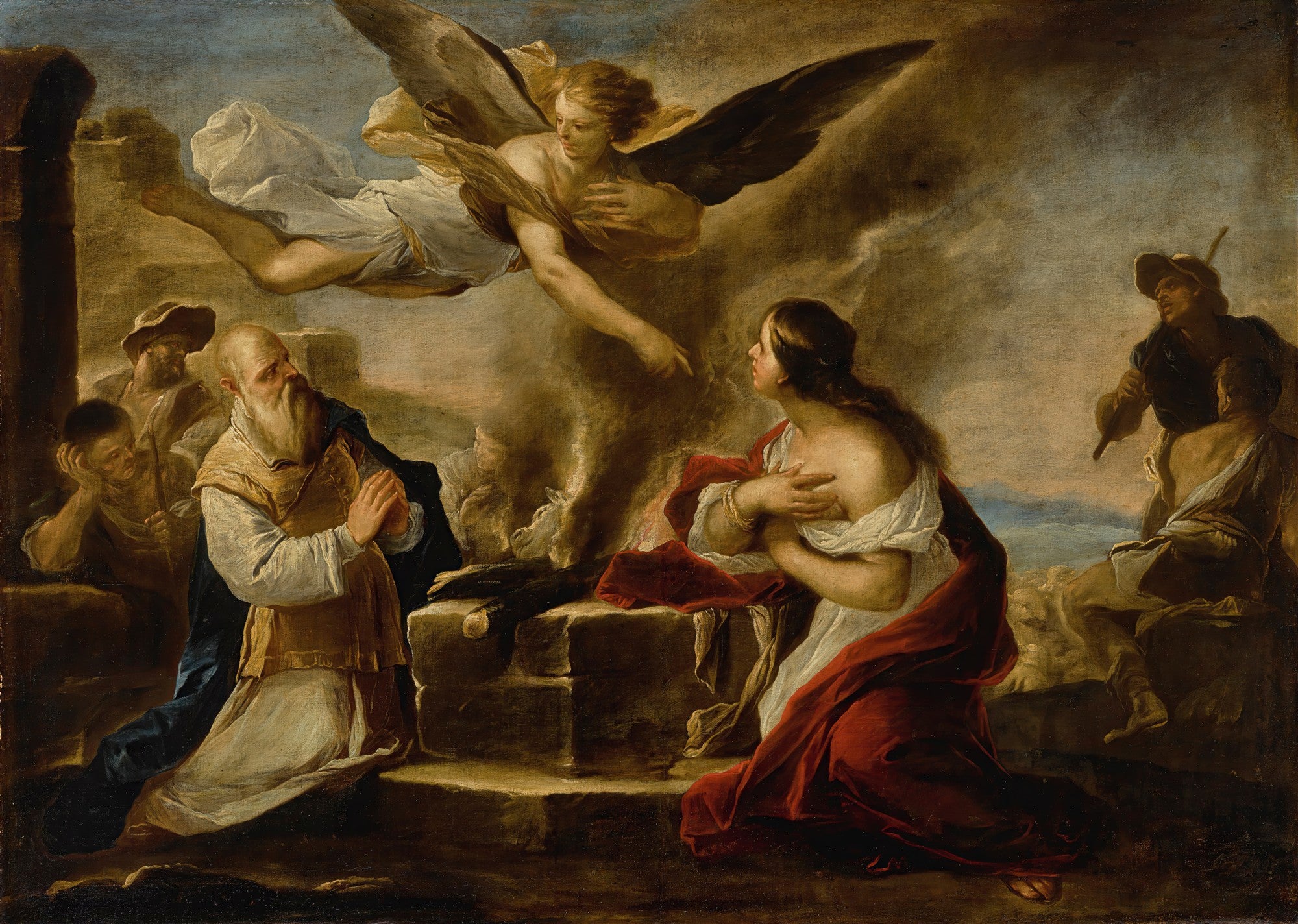 Quadro decorativo com a pintura 'A Anunciação a Manué e sua Esposa' de Luca Giordano. A cena mostra um anjo alado surgindo de nuvens e fumaça, apontando para uma mulher ajoelhada em êxtase, enquanto um homem idoso e outros personagens observam com reverência. Cores terrosas e dramáticas.