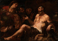Quadro decorativo mostrando a obra 'A História de Jó' de Luca Giordano, com figuras bíblicas em uma cena dramática do período Barroco. Um homem de barba e torso nu está sentado e gesticula, enquanto outras figuras o observam com atenção. A iluminação é dramática, com foco nos personagens principais.