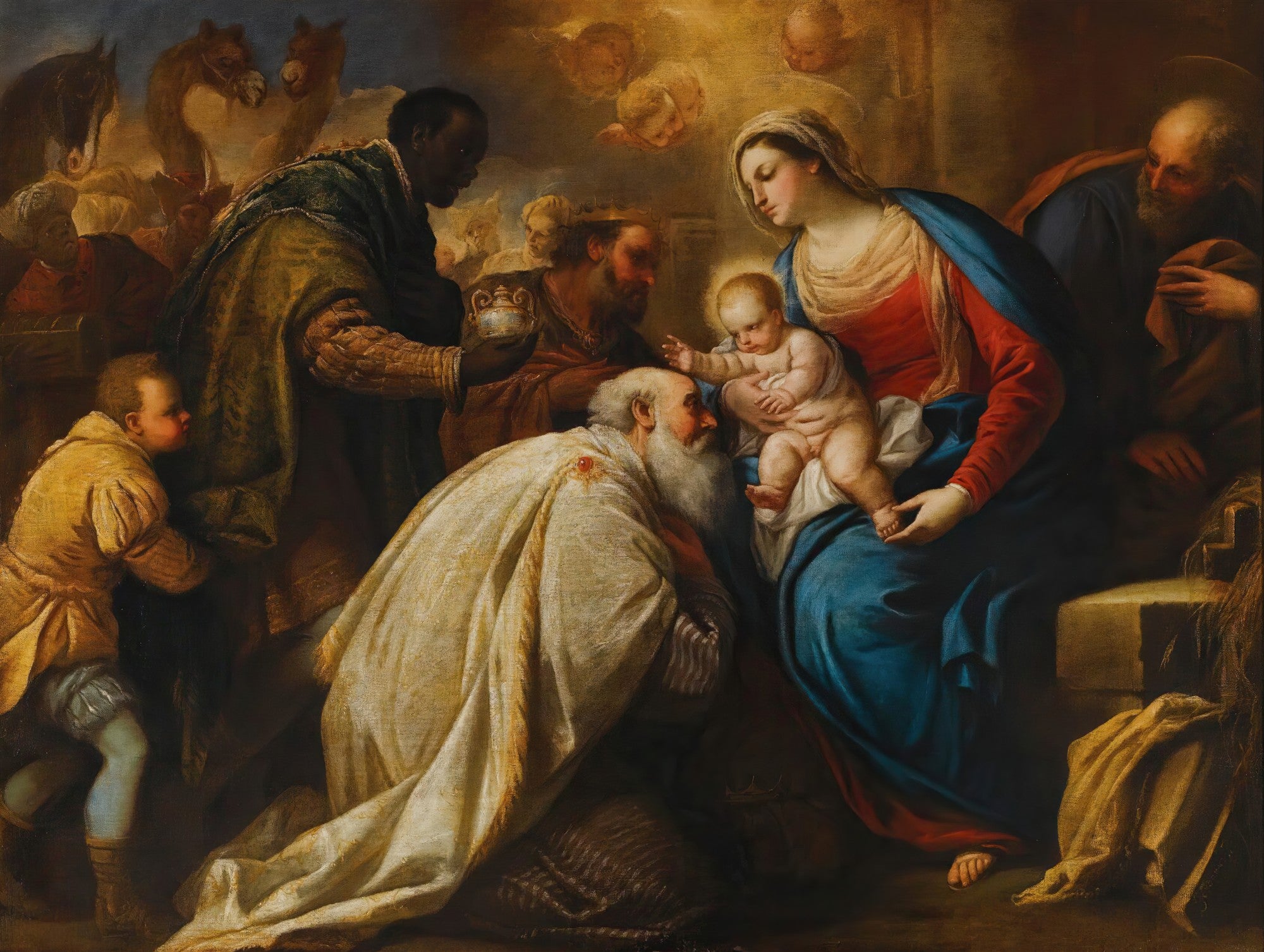 Quadro decorativo 'A Adoração dos Magos' de Luca Giordano, cena bíblica com Maria, o Menino Jesus e os três Reis Magos oferecendo presentes, com anjos no céu e camelos ao fundo, em estilo barroco.