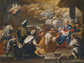 Pintura barroca de Luca Giordano, A Adoração dos Magos, mostrando Maria com o Menino Jesus, os três Reis Magos oferecendo presentes e anjos no céu em uma cena noturna iluminada por luz divina.