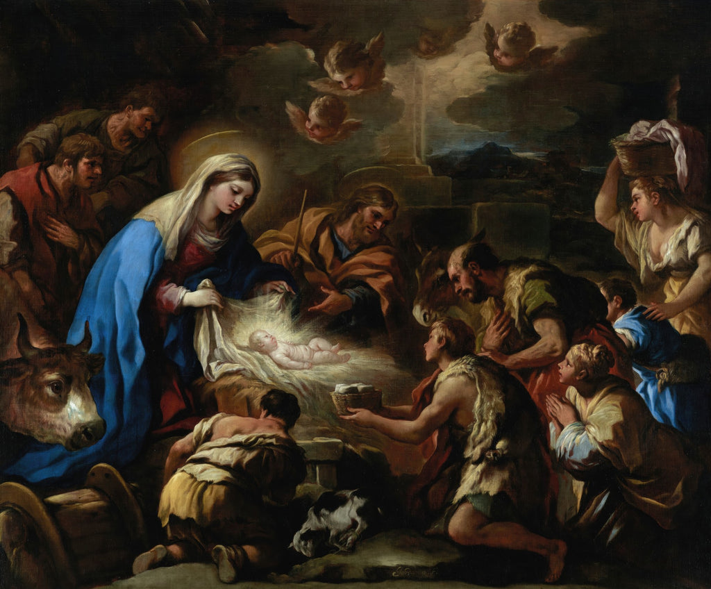 Pintura barroca 'A Adoração dos Pastores' de Luca Giordano, retratando Maria e José com o Menino Jesus, pastores e anjos. Predominam tons terrosos e azul. Obra religiosa.