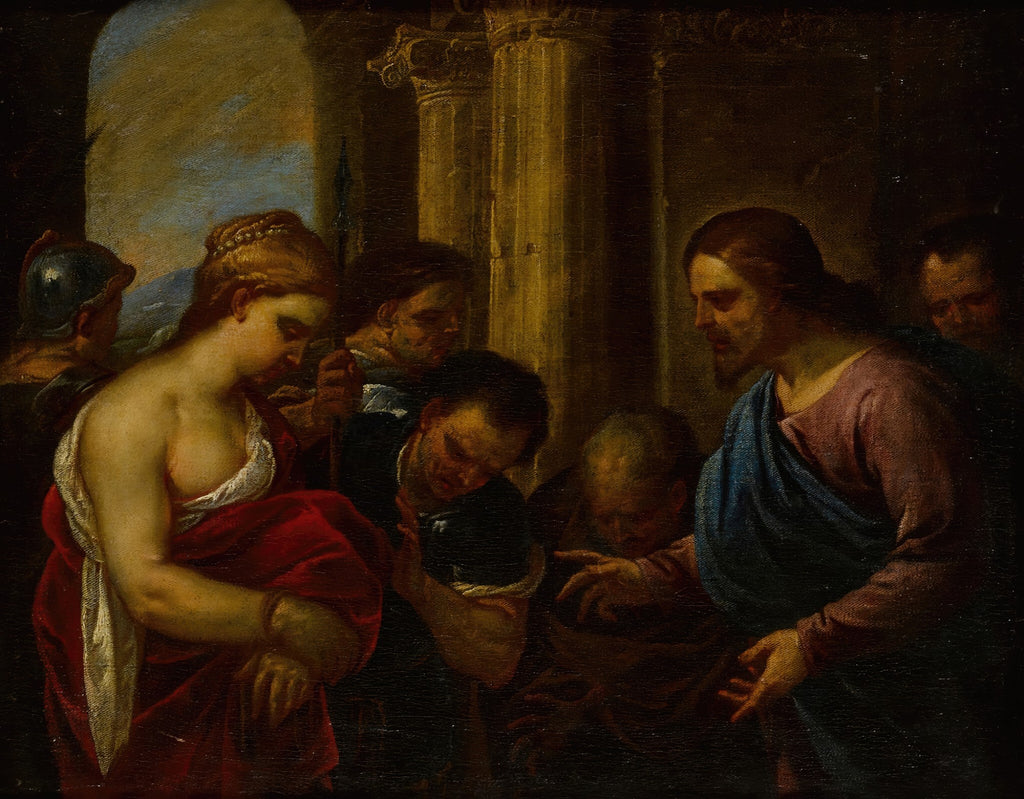 Pintura a óleo atribuída a Luca Giordano, representando Jesus e a Mulher Adúltera. Jesus Cristo aponta para a mulher em primeiro plano, que parece envergonhada, enquanto homens ao redor observam a cena. Predominam tons escuros com pontos de luz nos rostos e vestes.