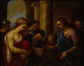 Pintura a óleo atribuída a Luca Giordano, representando Jesus e a Mulher Adúltera. Jesus Cristo aponta para a mulher em primeiro plano, que parece envergonhada, enquanto homens ao redor observam a cena. Predominam tons escuros com pontos de luz nos rostos e vestes.
