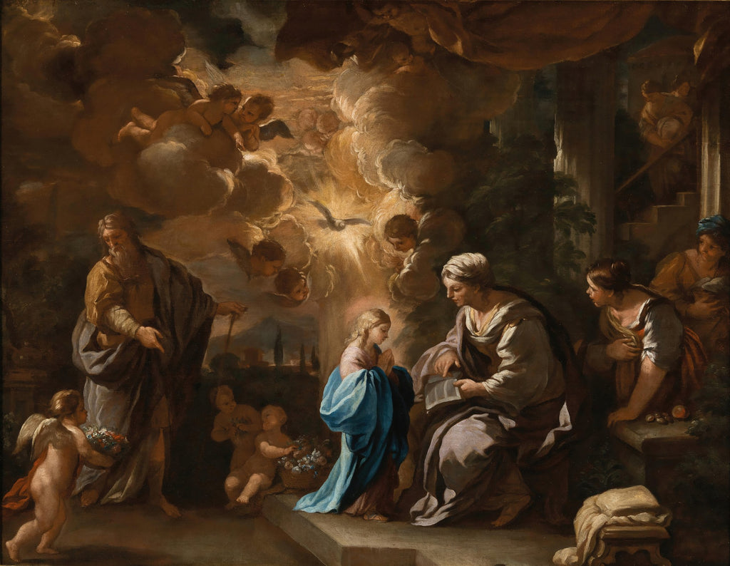 Quadro decorativo 'A Educação da Virgem' de Luca Giordano, representando a Virgem Maria criança sendo instruída por Santa Ana, com São Joaquim e anjos no céu.