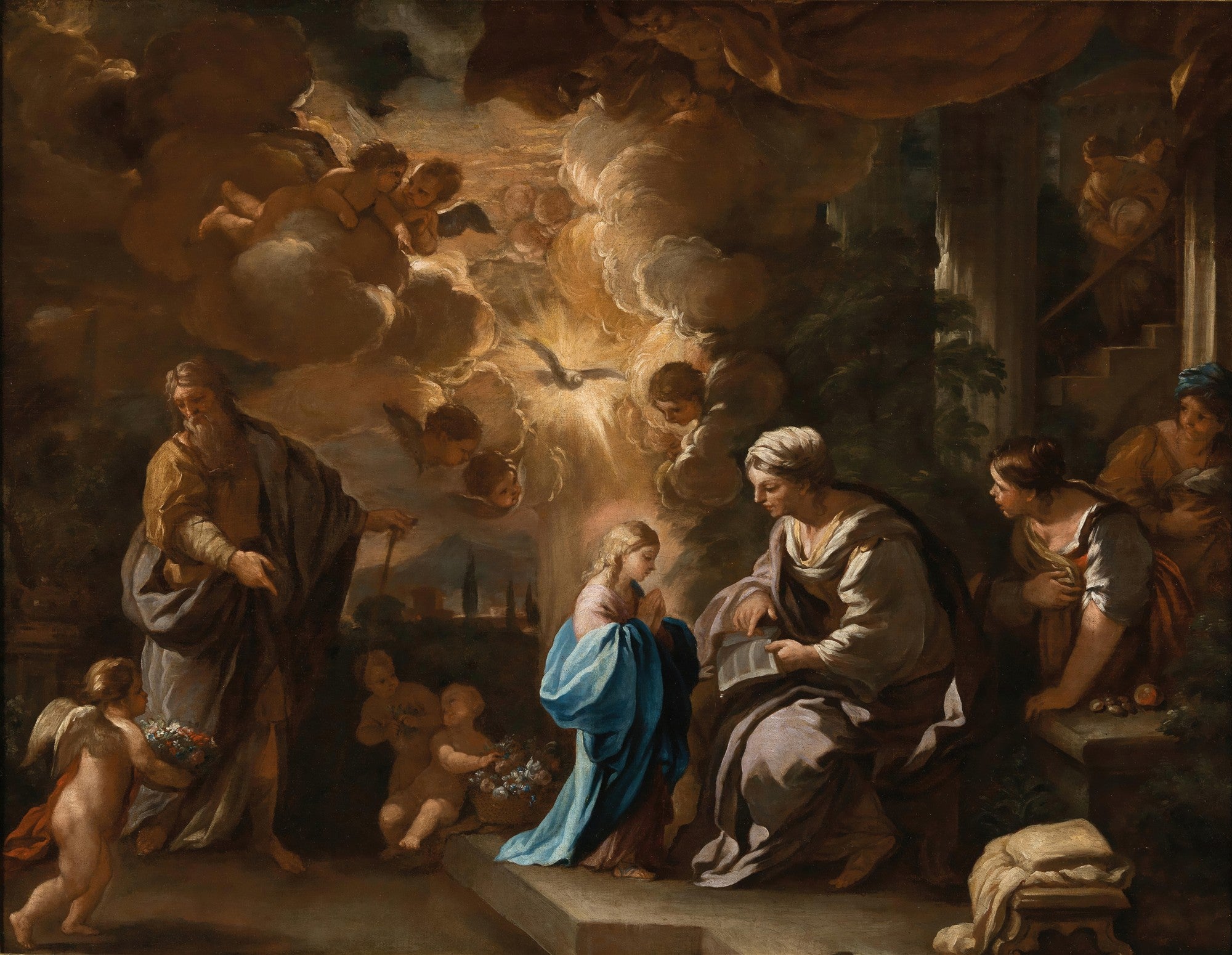 Quadro decorativo 'A Educação da Virgem' de Luca Giordano, representando a Virgem Maria criança sendo instruída por Santa Ana, com São Joaquim e anjos no céu.