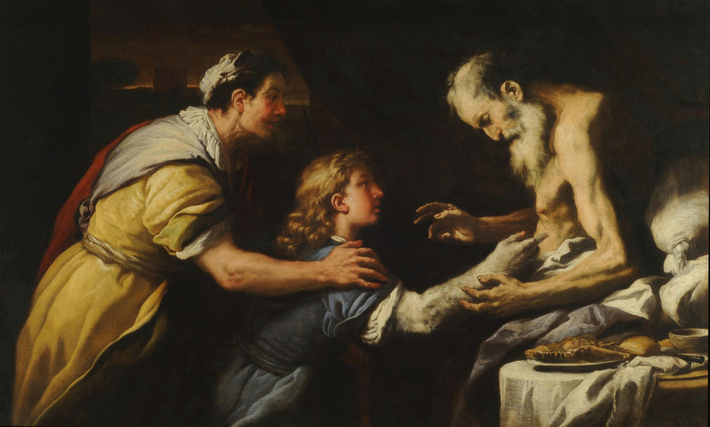 Pintura barroca de Luca Giordano, A Bênção de Jacó, mostrando um homem idoso cego abençoando um jovem com a ajuda de uma mulher, com iluminação dramática.