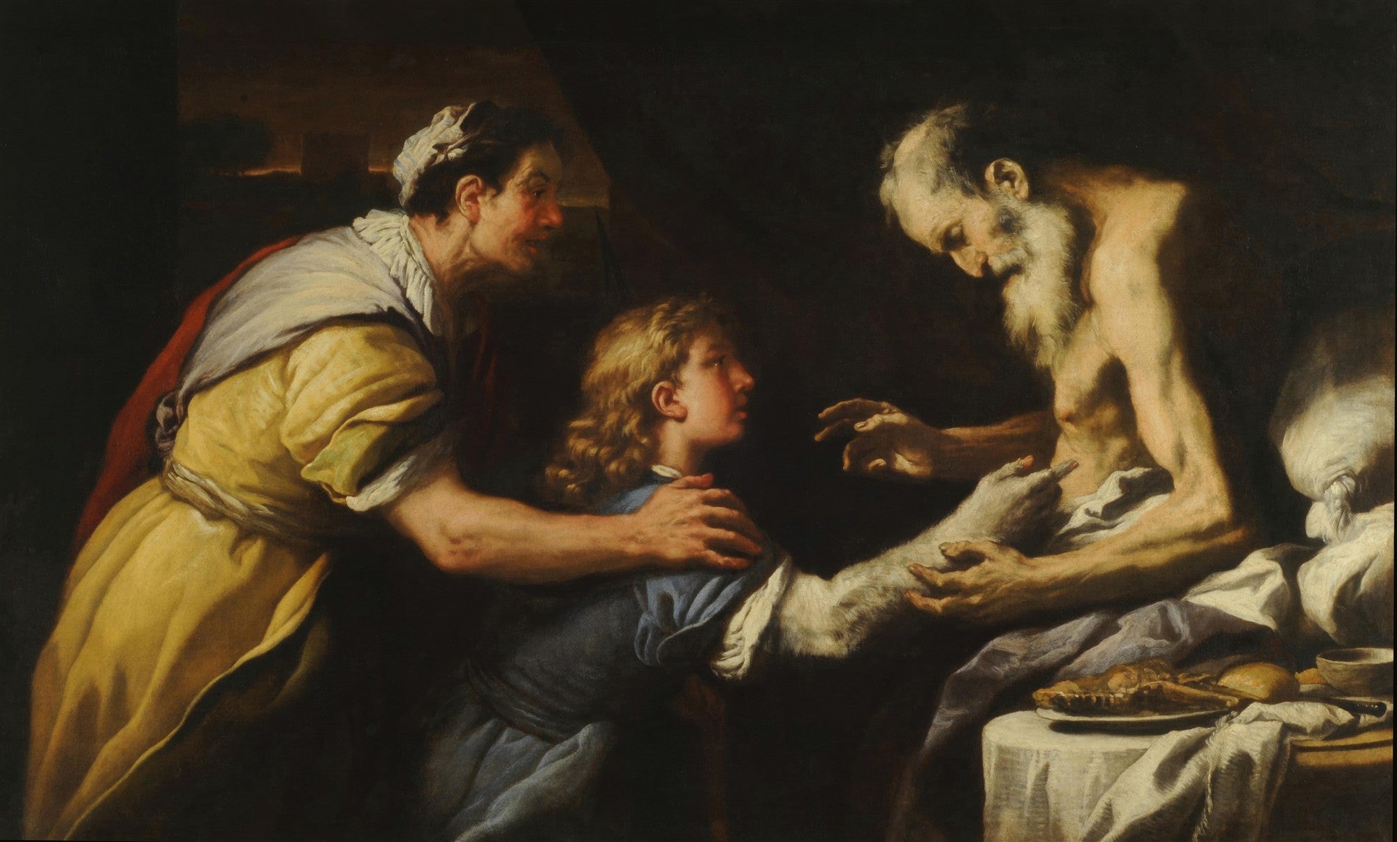 Pintura barroca de Luca Giordano, A Bênção de Jacó, mostrando um homem idoso cego abençoando um jovem com a ajuda de uma mulher, com iluminação dramática.