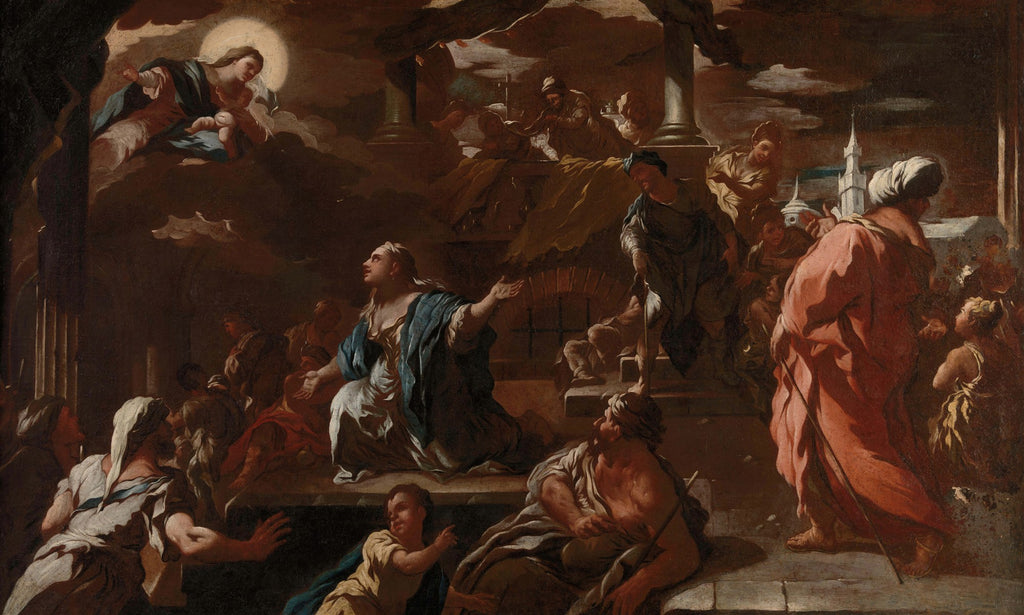 Quadro 'A Adoração dos Magos' de Luca Giordano, cena bíblica barroca com figuras em adoração e Virgem Maria com o Menino Jesus no céu, tons terrosos e dramáticos.