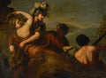 Pintura barroca de Luca Giordano, A Fuga de Cleópatra, retratando uma mulher sendo amparada por um guerreiro em um barco, com outros homens remando. O céu é dramático e o mar ao fundo sugere uma paisagem costeira com montanhas.