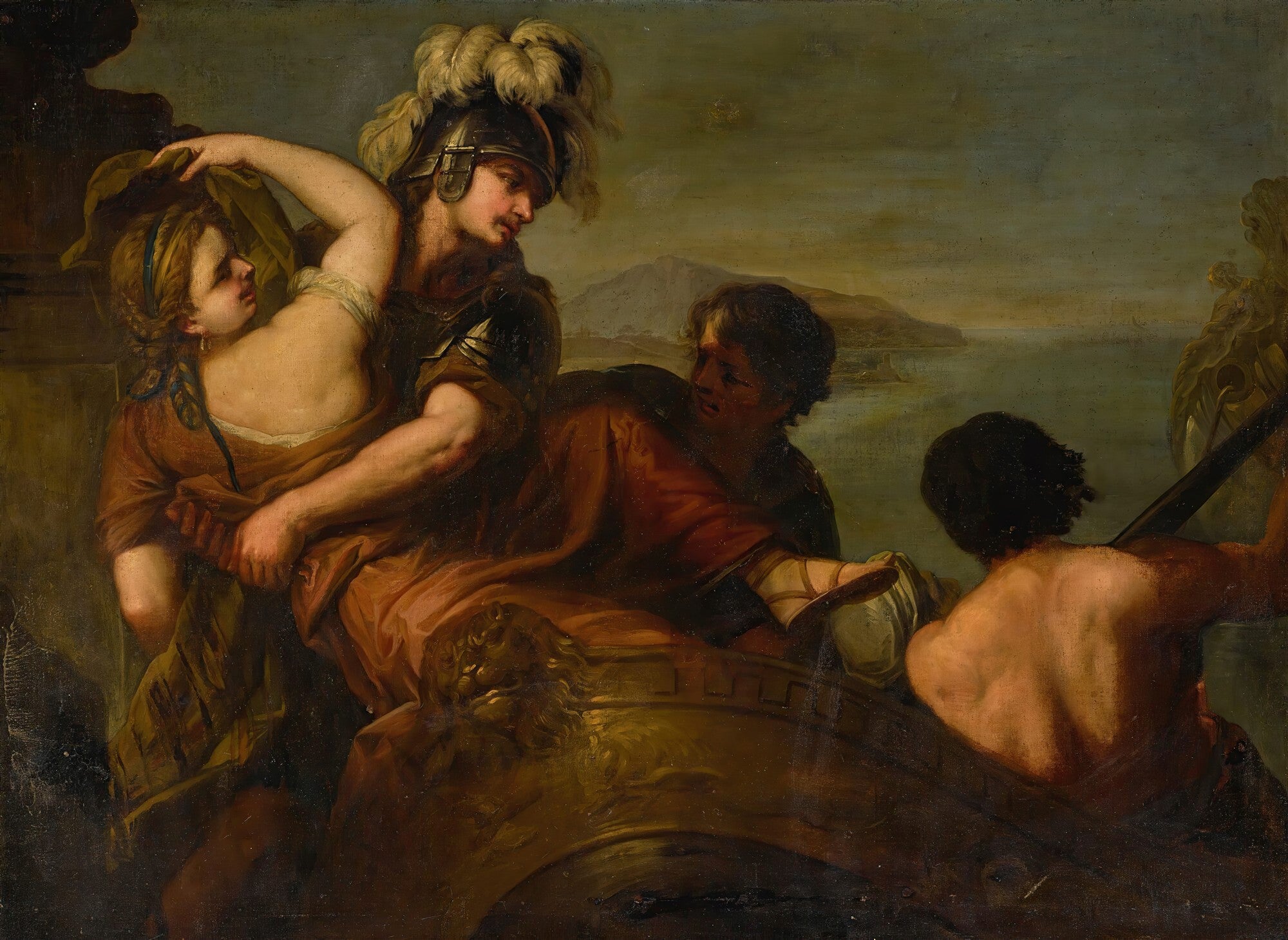 Pintura barroca de Luca Giordano, A Fuga de Cleópatra, retratando uma mulher sendo amparada por um guerreiro em um barco, com outros homens remando. O céu é dramático e o mar ao fundo sugere uma paisagem costeira com montanhas.