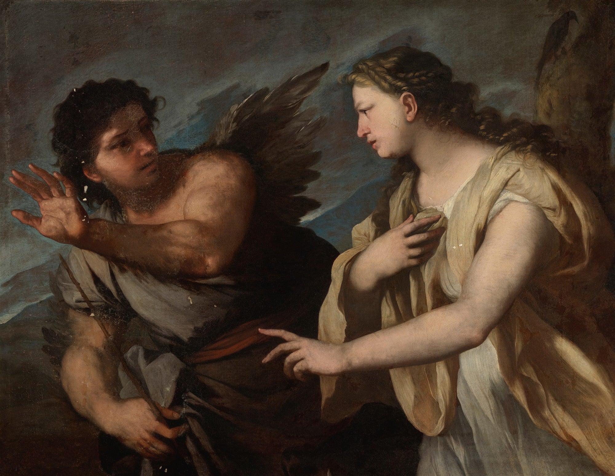 Fragmento da obra A Anunciação de Luca Giordano, mostrando um anjo com asas escuras e vestes marrons, com a mão estendida, e outro anjo com vestes claras e expressão serena, ambos com auréolas sutis e fundo escuro.