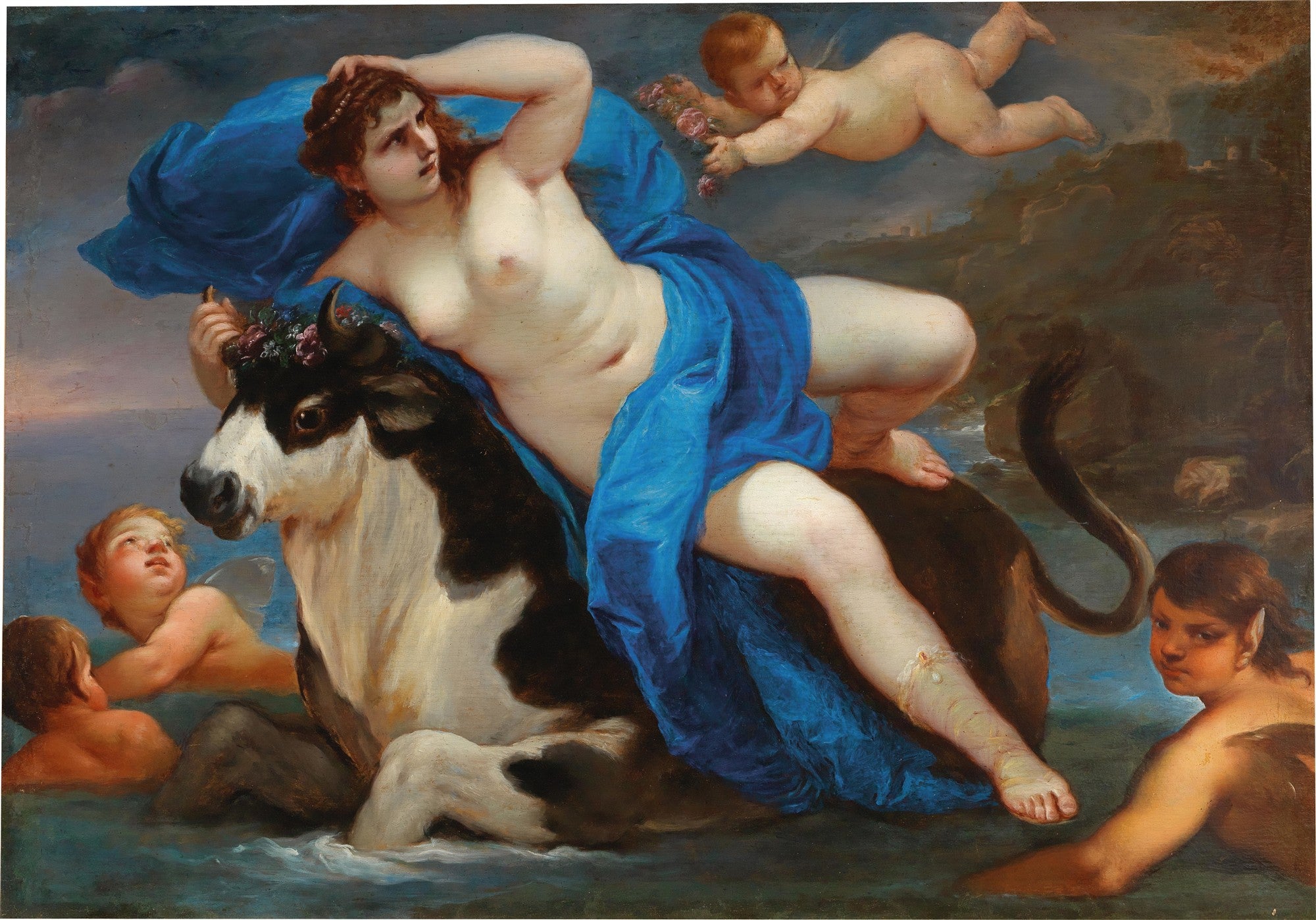 Pintura a óleo barroca de Luca Giordano, 'O Rapto de Europa', mostrando a figura mitológica Europa nua em um touro branco e preto nadando na água, cercada por figuras celestiais e marinhas.