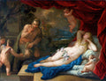 Pintura barroca de Luca Giordano, 'A Sátira Surpreendida', retratando uma ninfa nua adormecida com rosas, um sátiro observando-a e cupidos voando ao redor. Cores vibrantes em tons de vermelho, azul e dourado.